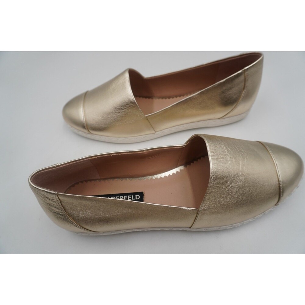 KARL LAGERFELD Paris Gold Metallic Parisian Glamcore Luxe Flats Cap Toe Sz 9.5M